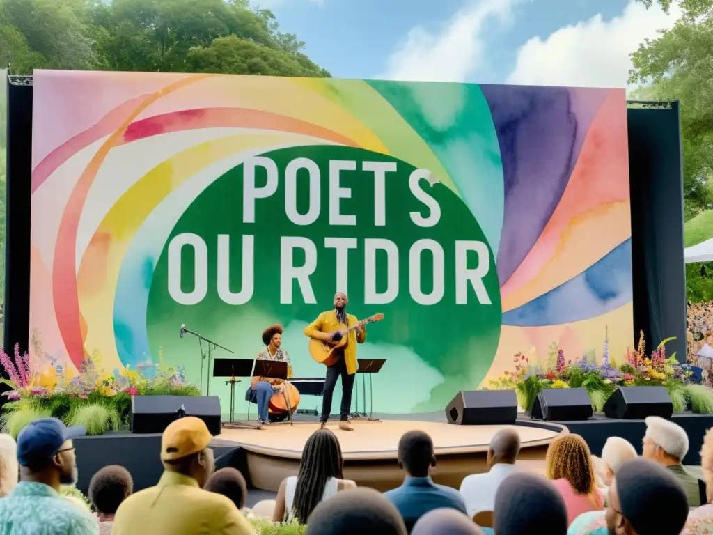 Festival de poesía emergente en un entorno vibrante con poetas recitando apasionadamente, rodeados de naturaleza exuberante y flores coloridas