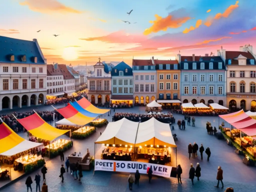 Festival de Poesía de Rotterdam: vibrante escena de poetas, espectadores y arquitectura histórica en una plaza europea al atardecer