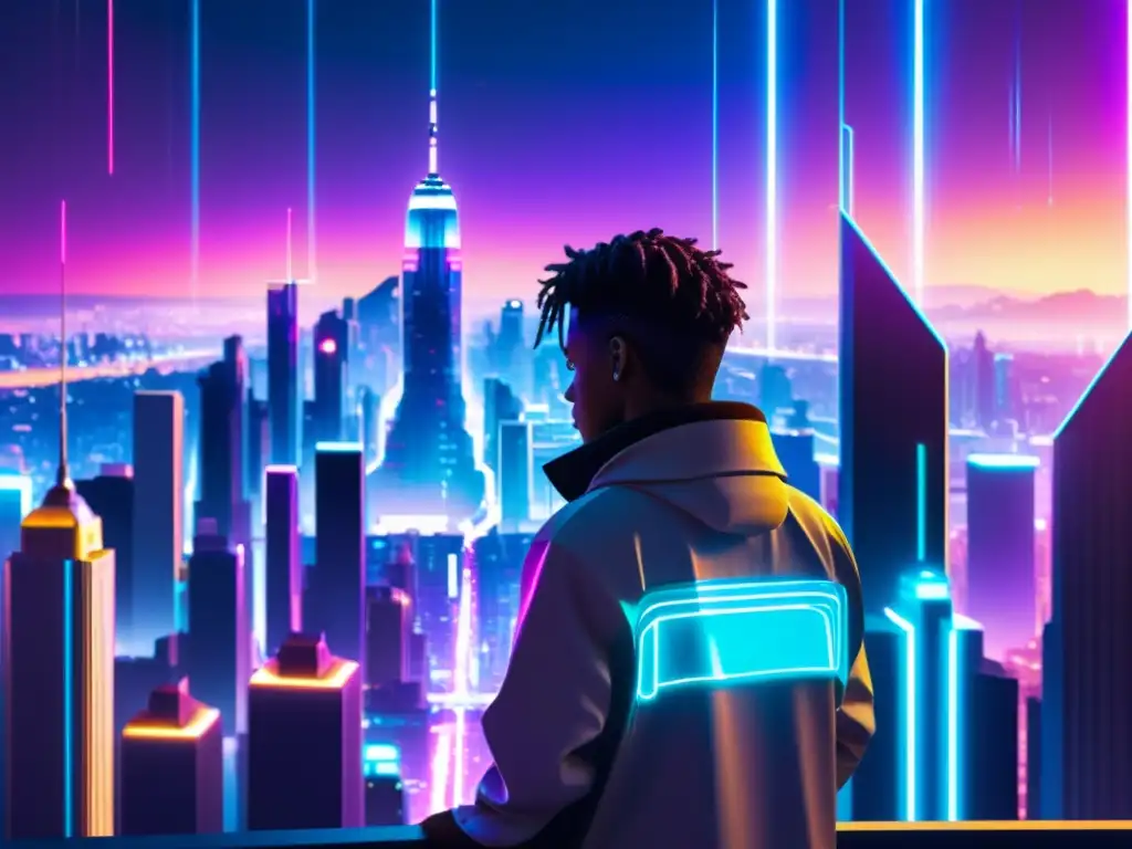 Metrópolis futurista: maravilla cibernética y tecnológica Figura contemplativa admira la ciudad futurista con rascacielos y luces neón, evocando la ciberpoesía como nuevo género literario
