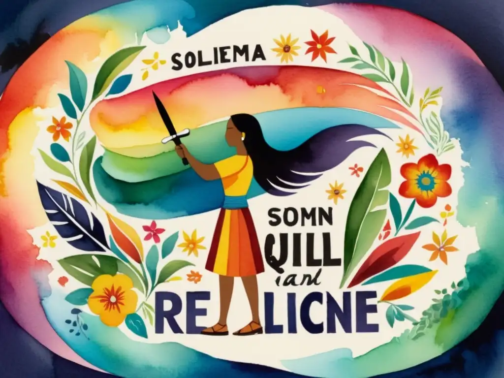 Figura solemne con pluma-espada rodeada de poesía comprometida y símbolos latinoamericanos, en acuarelas vibrantes