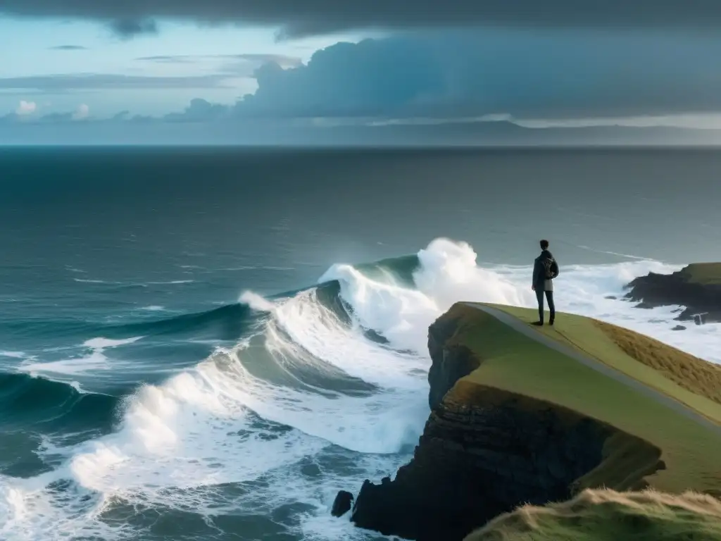 Una figura solitaria en el acantilado contempla el tumultuoso mar, reflejo de su exilio interior y anhelo de poesía y soledad