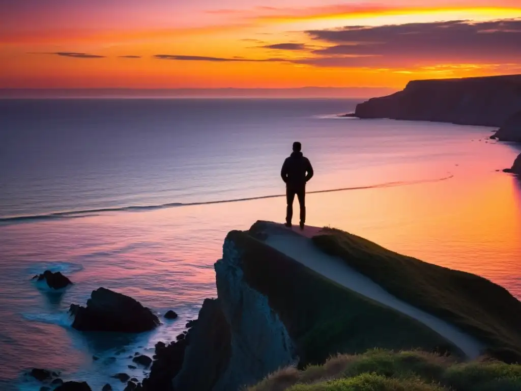 Figura solitaria contempla un atardecer impresionante sobre el mar, reflejando el rol del alter ego en poesía