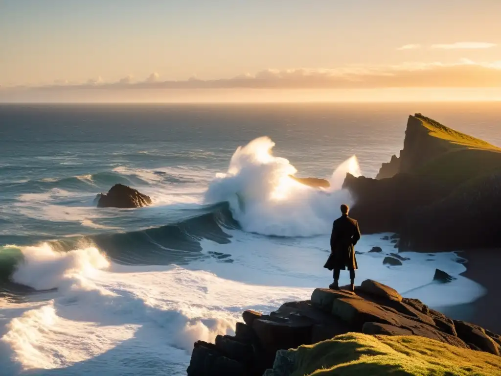 Figura solitaria contempla el mar desde un acantilado rocoso al atardecer, reflejo del Superyó en poesía