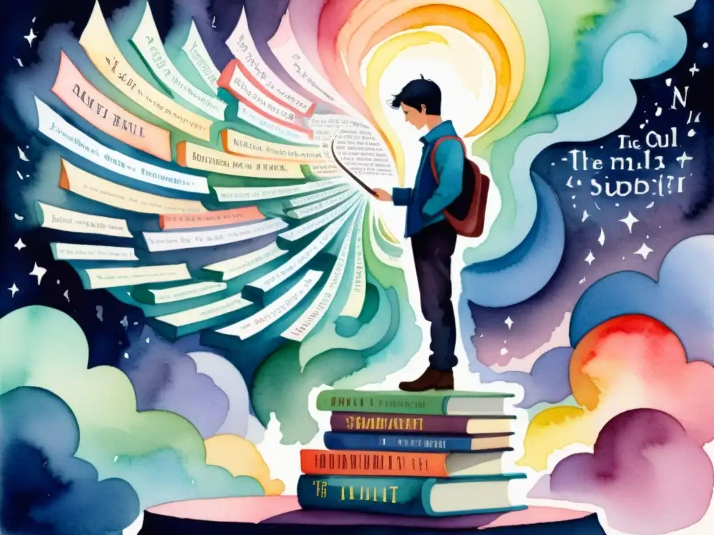 Una figura sombría se alza sobre libros, empuñando una pluma rebosante de poesía subversiva