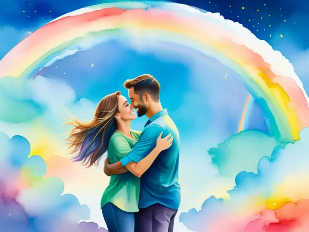 Dos figuras abrazadas entre un cielo arcoíris, expresan amor y alegría en una pintura acuarela vibrante