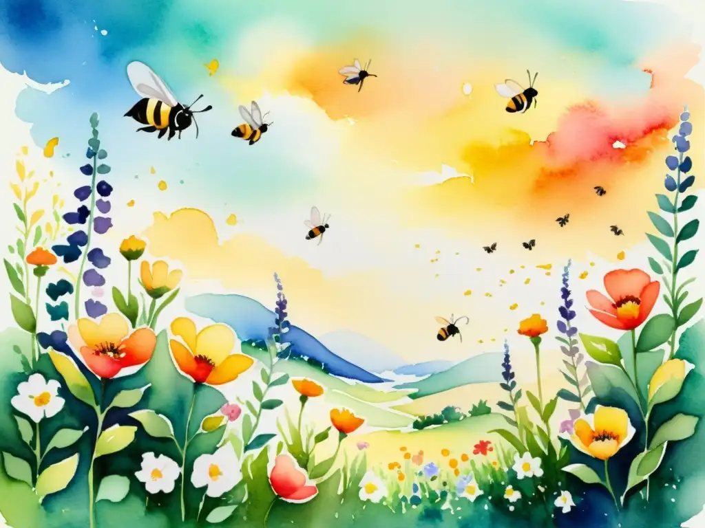 Jardín floreciente al atardecer: acuarela serena Un jardín floreciente en acuarela transmite paz y belleza, con flores vibrantes y colores suaves