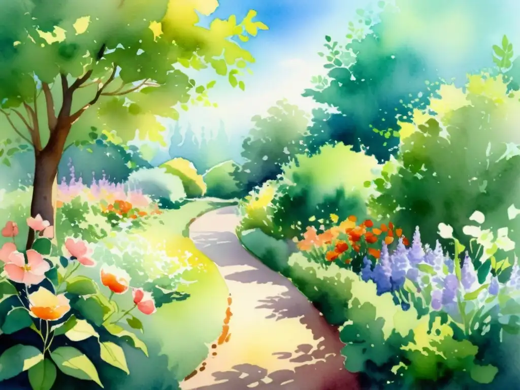 Jardín floreciente en acuarela: serenidad y belleza natural Un jardín floreciente de colores suaves, luz filtrada y tranquilidad, ideal para un curso online poesía sensorial