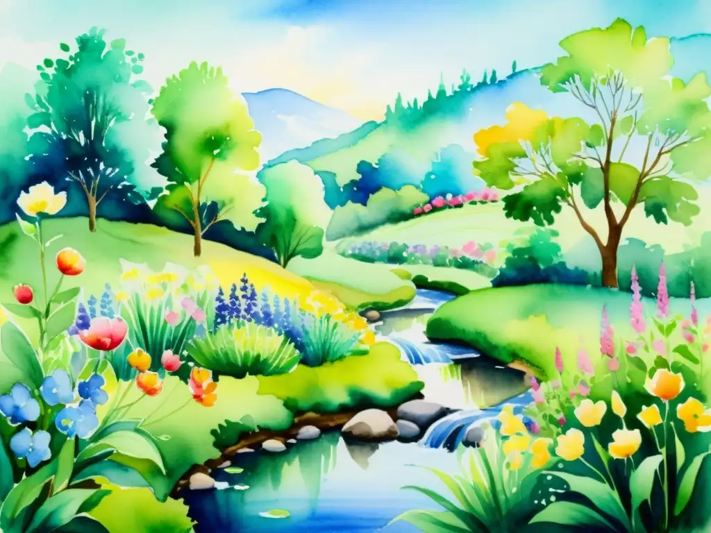 Jardín de ensueño: acuarela serena con flores vibrantes Un jardín floreciente con colores vibrantes y un arroyo sereno, capturando la poesía de la naturaleza