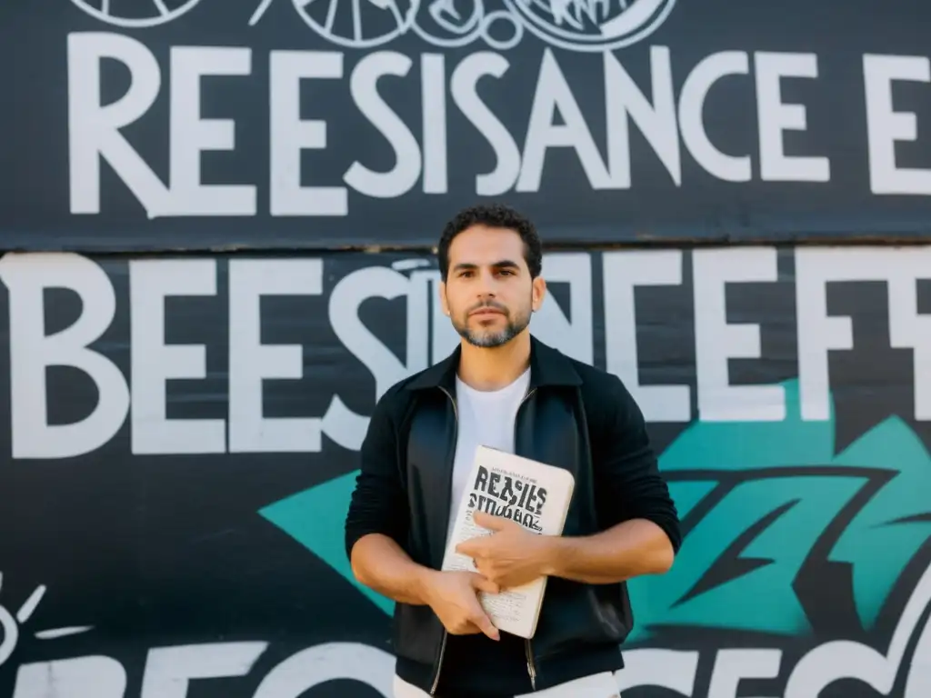 Raúl Zurita frente a graffiti de protesta, sosteniendo libro de poesía, simbolizando la resistencia en Chile