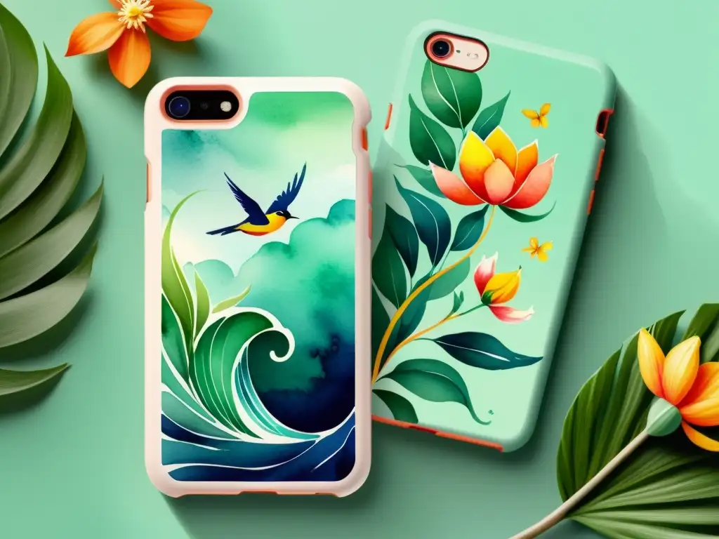 Watercolor ilustra fundas para móviles y tablets personalizadas, con imágenes poéticas de naturaleza y elegancia artística