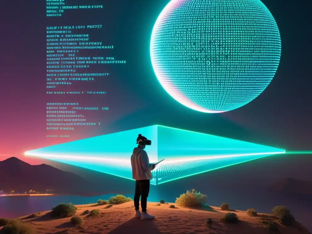 Poesía cibernética: Fusión de versos clásicos y tecnología futurista Una fusión futurista de poesía clásica y elementos cibernéticos, simbolizando la ciberpoesía como nuevo género literario