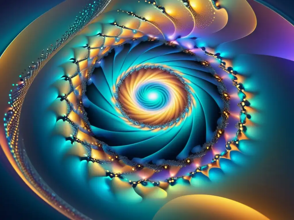Una galaxia iridiscente de patrones geométricos y colores etéreos, reflejo de poesía generativa, algoritmos y creatividad humana