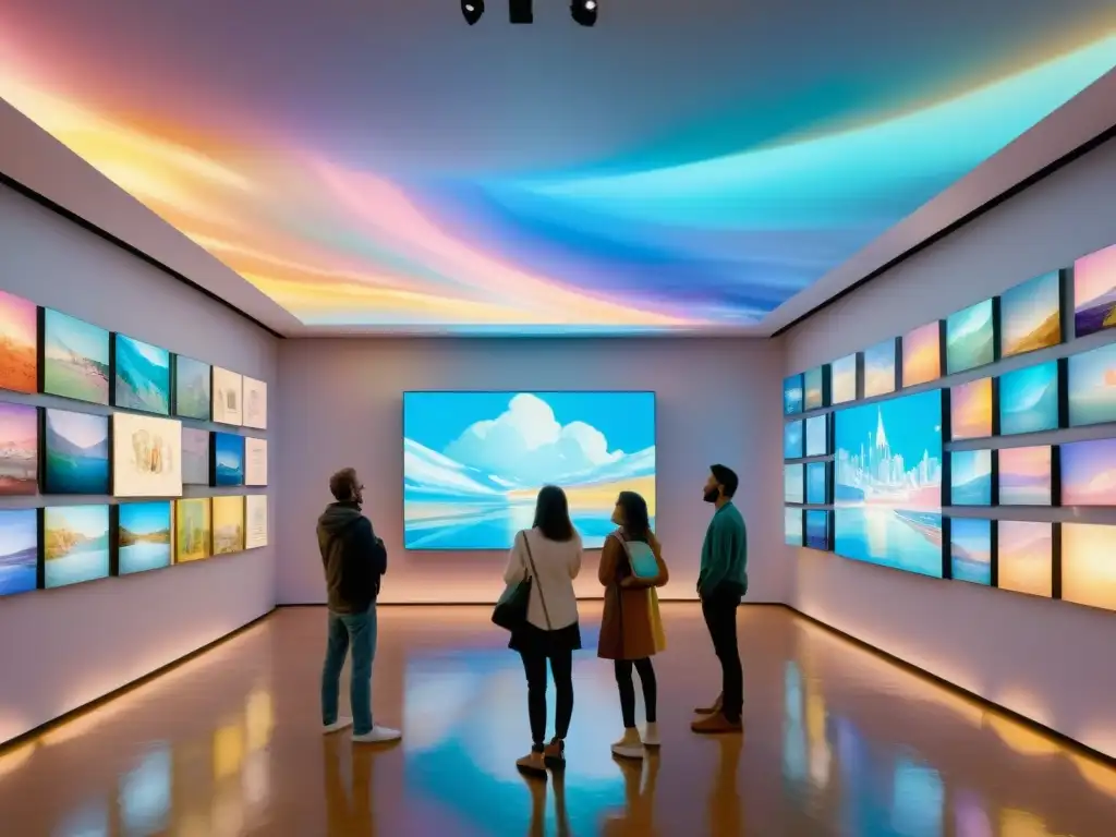 Una galería digital llena de NFTs poéticos interactivos, bañada en luz etérea y colores vibrantes, donde los espectadores exploran con asombro