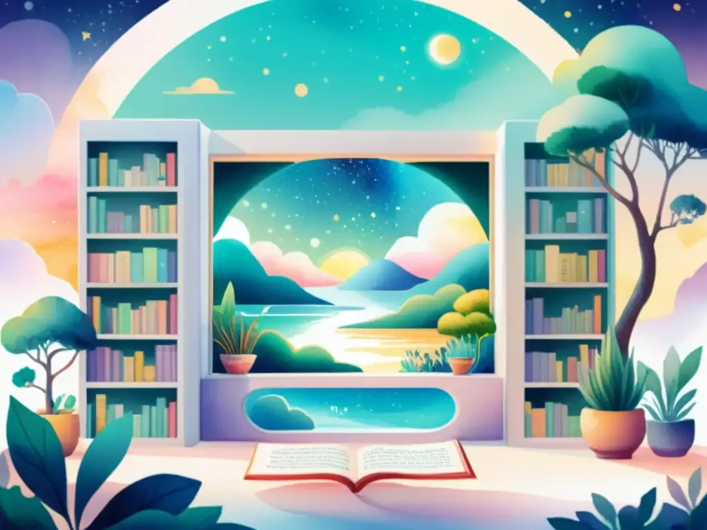 Una galería virtual llena de colecciones de poesía NFT, rodeada de paisajes fantásticos y acogedores rincones de lectura