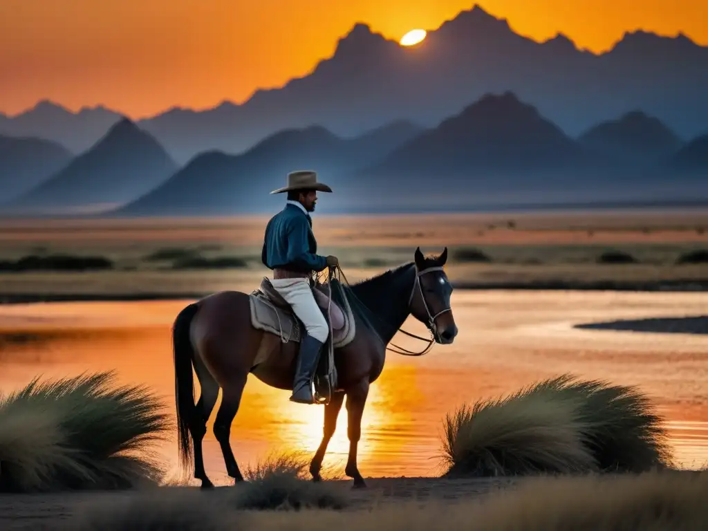 Un gaucho solitario a caballo en las vastas pampas argentinas, bajo un atardecer ardiente