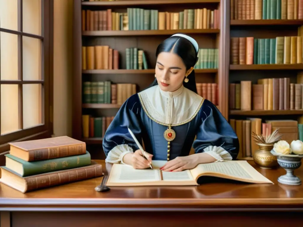 Sor Juana Inés Cruz genio literario escribiendo en su escritorio rodeada de libros y plumas en una pintura detallada de acuarela