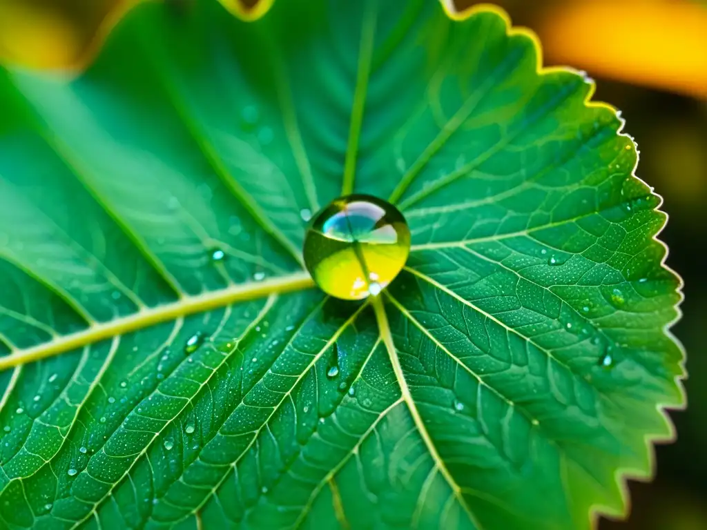 Una gota de agua en una hoja verde, reflejando el bosque