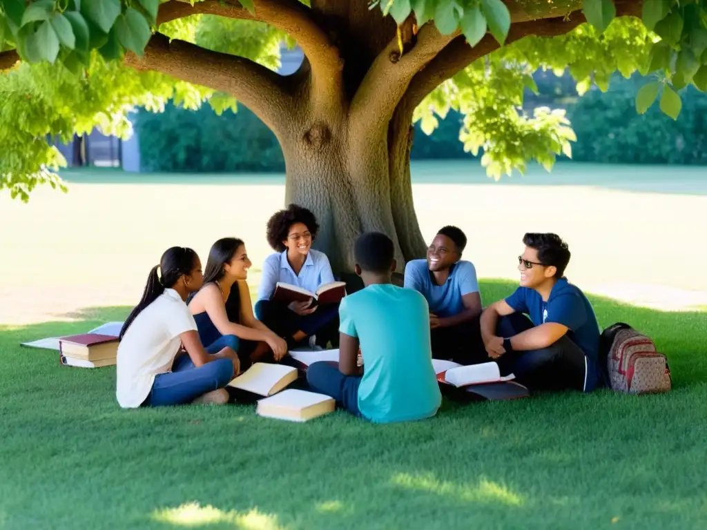 Un grupo de adolescentes participa con entusiasmo en un taller de poesía amorosa bajo la sombra de un árbol, rodeados de libros y notas