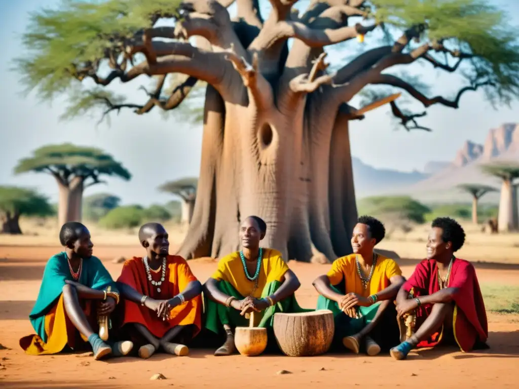 Un grupo de griots africanos recita versos ancestrales bajo un baobab