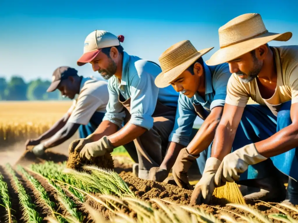 Un grupo de agricultores trabaja en los campos bajo el sol, con sudor en la frente y manos curtidas