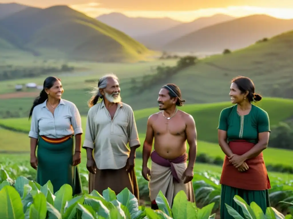 Un grupo de agricultores indígenas se paran en un campo verde exuberante, mostrando una profunda conexión con la tierra y una determinación para defender su territorio ancestral