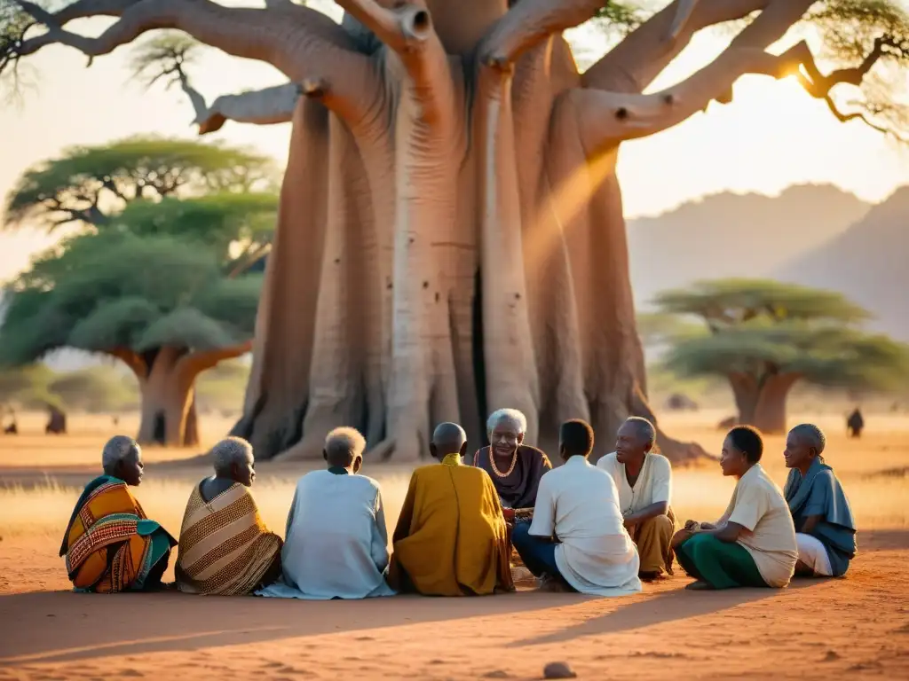 Grupo de ancianos comparten tradición oral africana bajo baobab centenario al atardecer, irradiando sabiduría y legado cultural