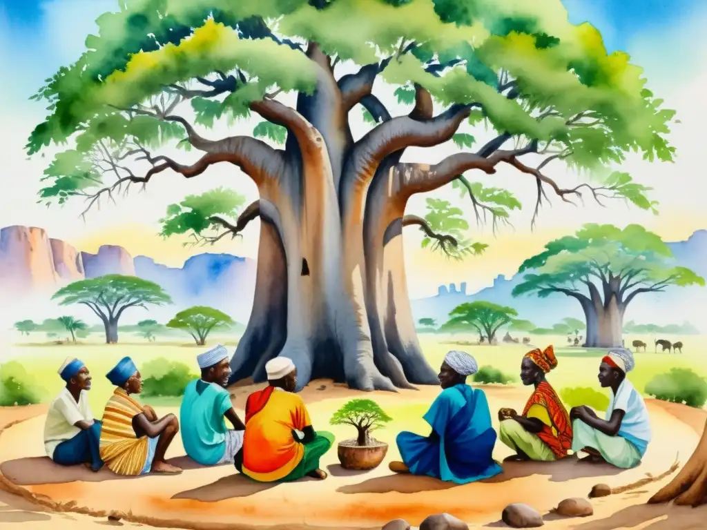 Grupo de ancianos africanos bajo un baobab, compartiendo historias, vistiendo atuendos coloridos