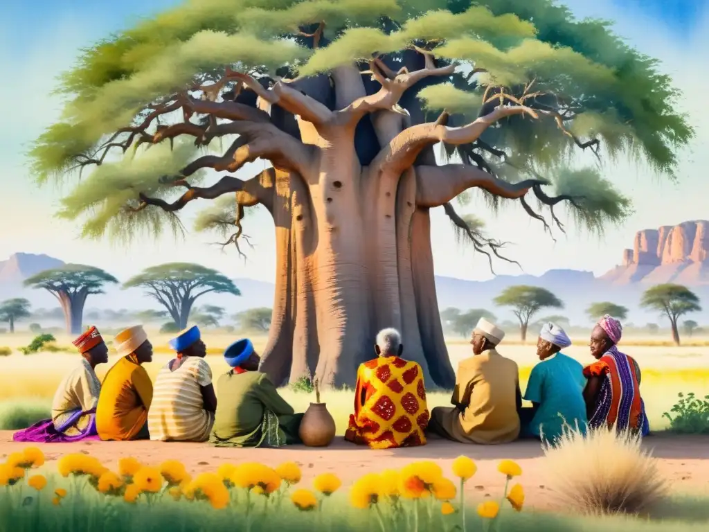 Un grupo de ancianos africanos bajo un baobab, escuchando poesía oral con reverencia, rodeados de naturaleza exuberante