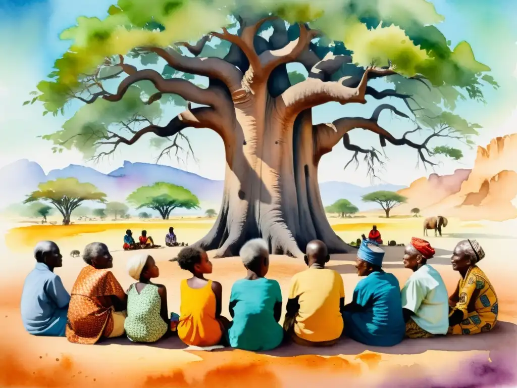 Grupo de ancianos africanos recitando poesía oral bajo baobab, envueltos en tradición y conexión comunitaria