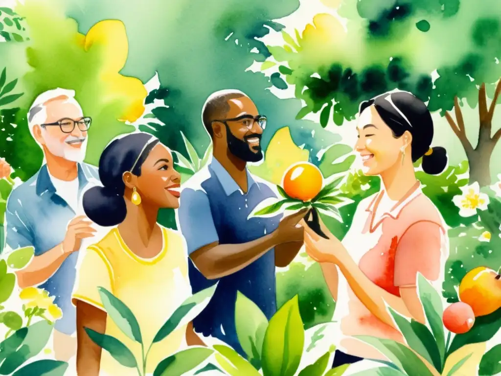 Instructores apasionados en jardín floreciente Un grupo de apasionados instructores se reúnen en un jardín soleado, sosteniendo objetos sensoriales