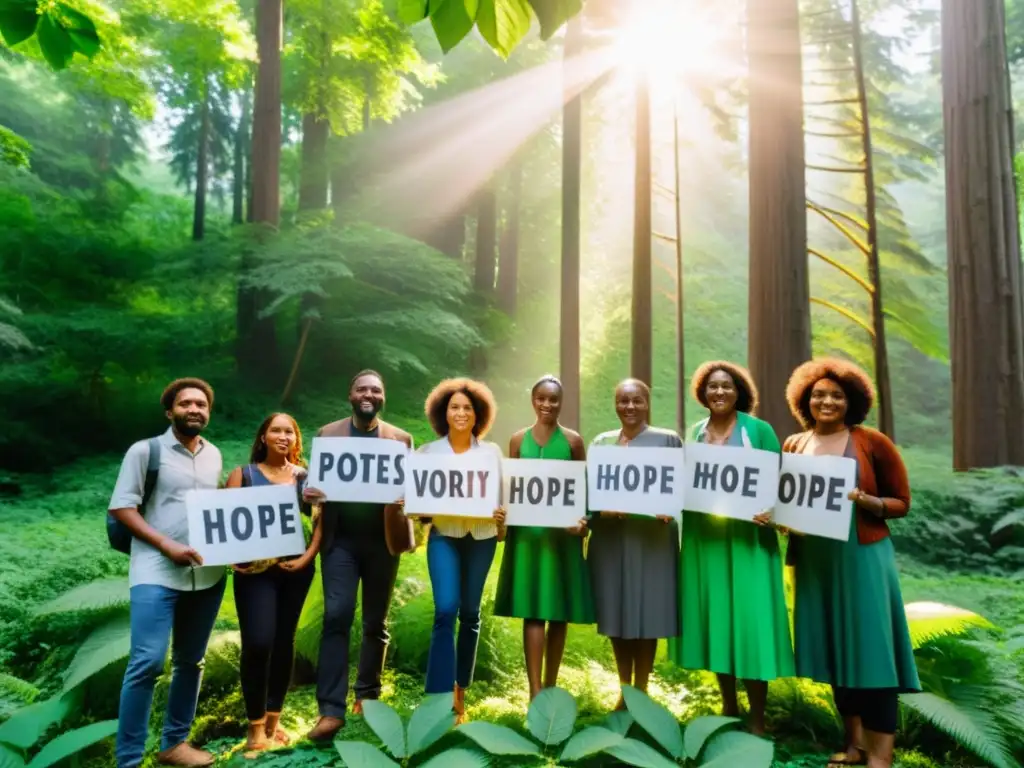 Un grupo de apasionados poetas en un frondoso bosque, sosteniendo carteles con mensajes ambientales