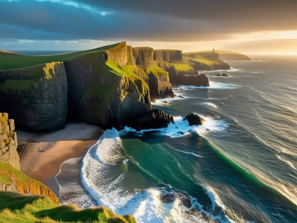 Grupo de apasionados poetas irlandeses recitando versos de resistencia y esperanza en la costa, con el sol poniente iluminando sus rostros