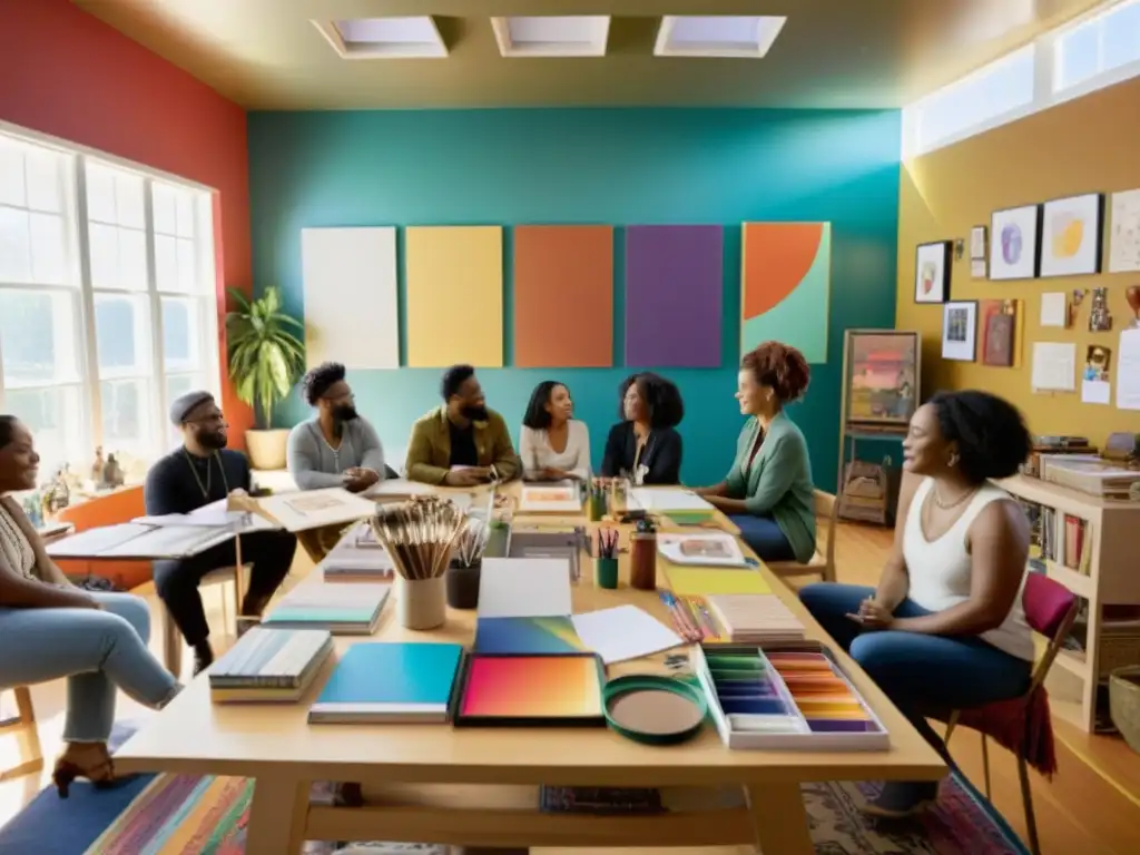 Grupo de artistas diversos colaborando creativamente en poesía, música y arte en un estudio lleno de luz y color