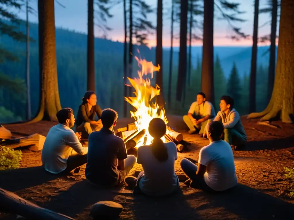 Un grupo escucha con atención mientras una persona animada cuenta una historia alrededor de una fogata en un bosque oscuro