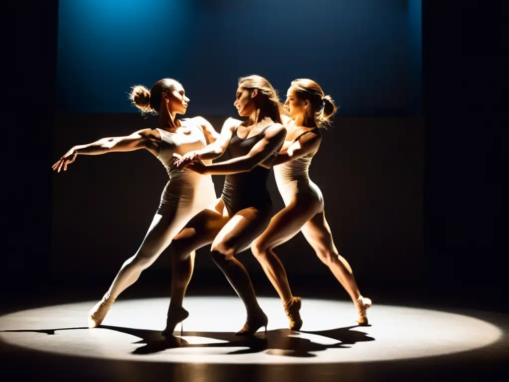 Grupo de bailarines expresivos en un teatro tenue, transmitiendo una intensa expresión poética a través de la danza y el teatro