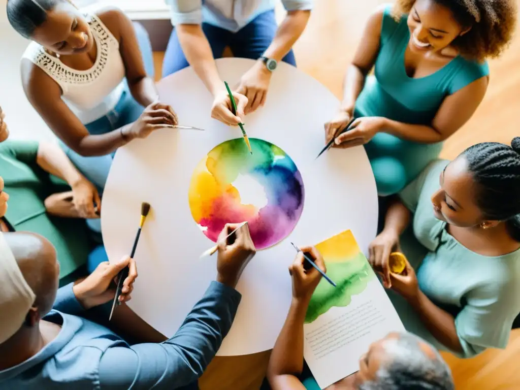 Grupo diverso pinta acuarelas vibrantes y discute poesía en un cálido taller de multiculturalismo