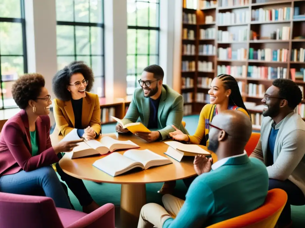 Grupo diverso disfruta de un animado diálogo sobre poesía en una moderna biblioteca iluminada por el sol