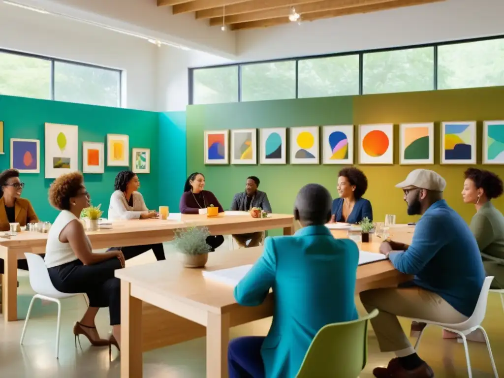 Un grupo diverso de artistas y poetas colaborando en un espacio vibrante, con obras de arte coloridas decorando las paredes