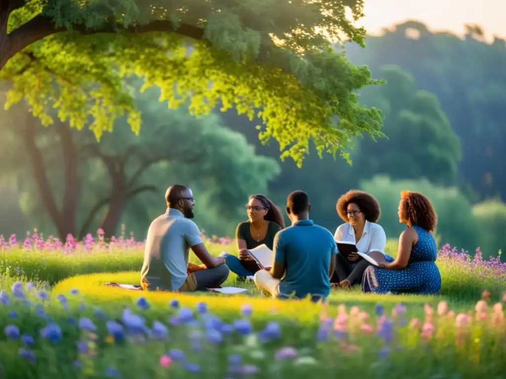 Un grupo diverso se reúne en un campo para una actividad de poesía