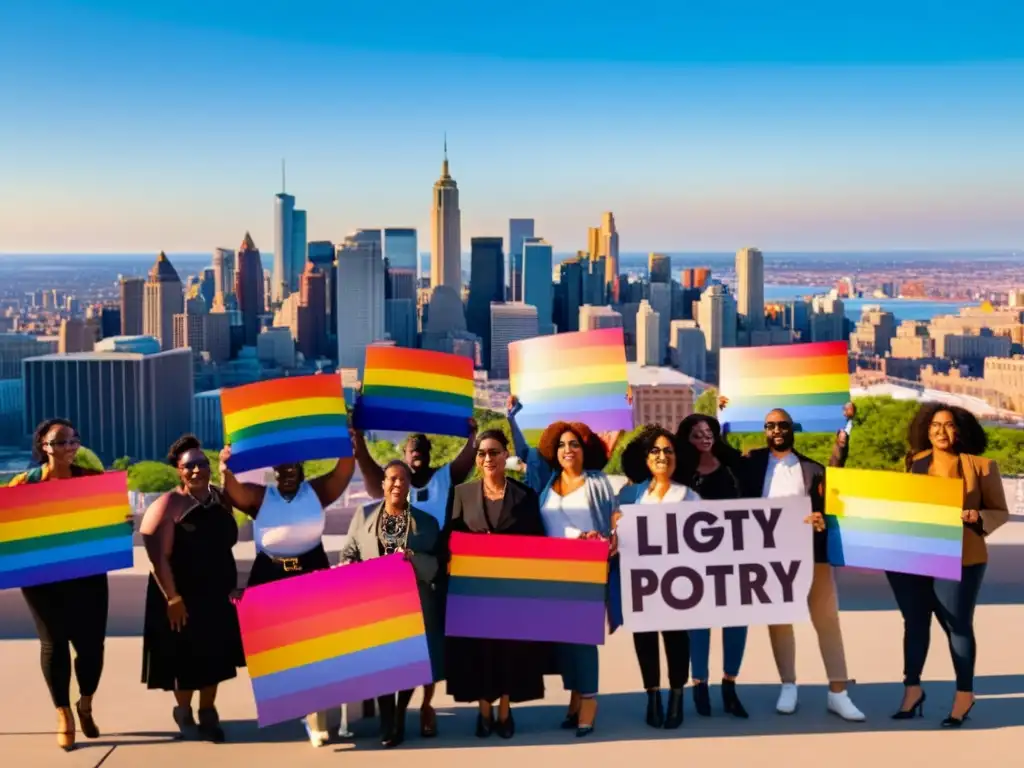 Grupo diverso sostiene carteles con poesía LGBTQ+ para la igualdad, frente a la ciudad, expresando esperanza y orgullo