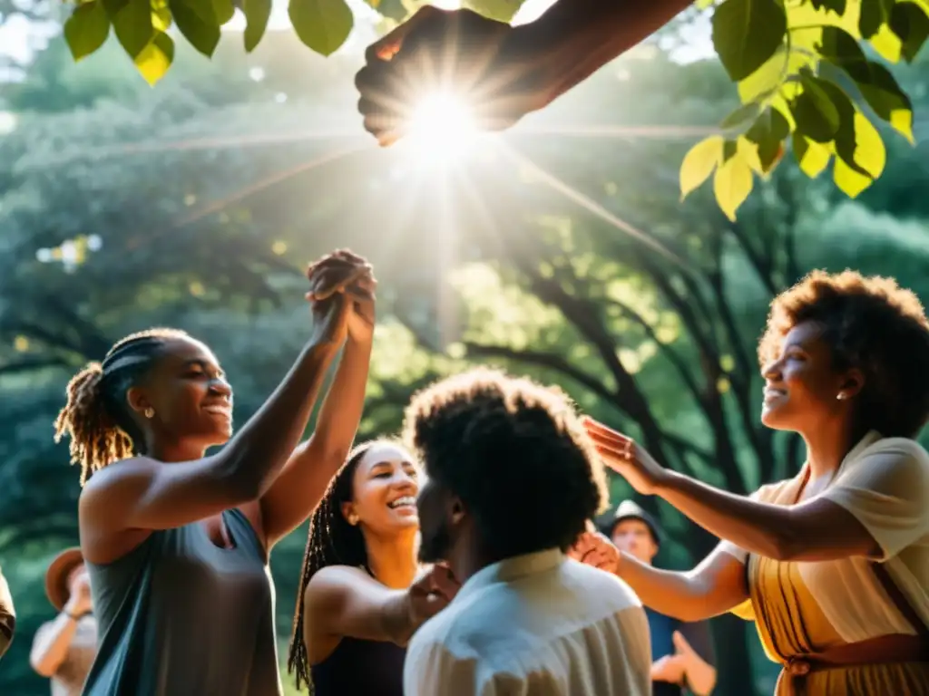 Un grupo diverso recita poesía LGBTQ+ en círculo, con pasión y empatía