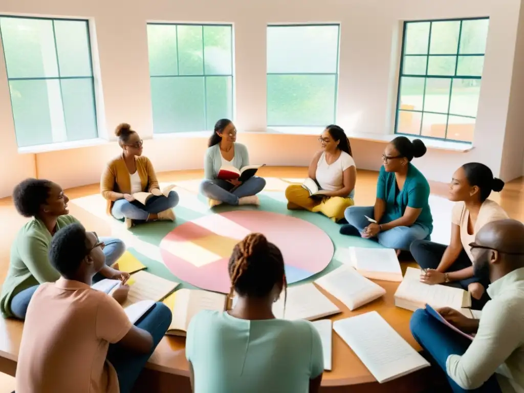 Grupo diverso en un círculo, compartiendo escritos en taller literario de reconstrucción emocional