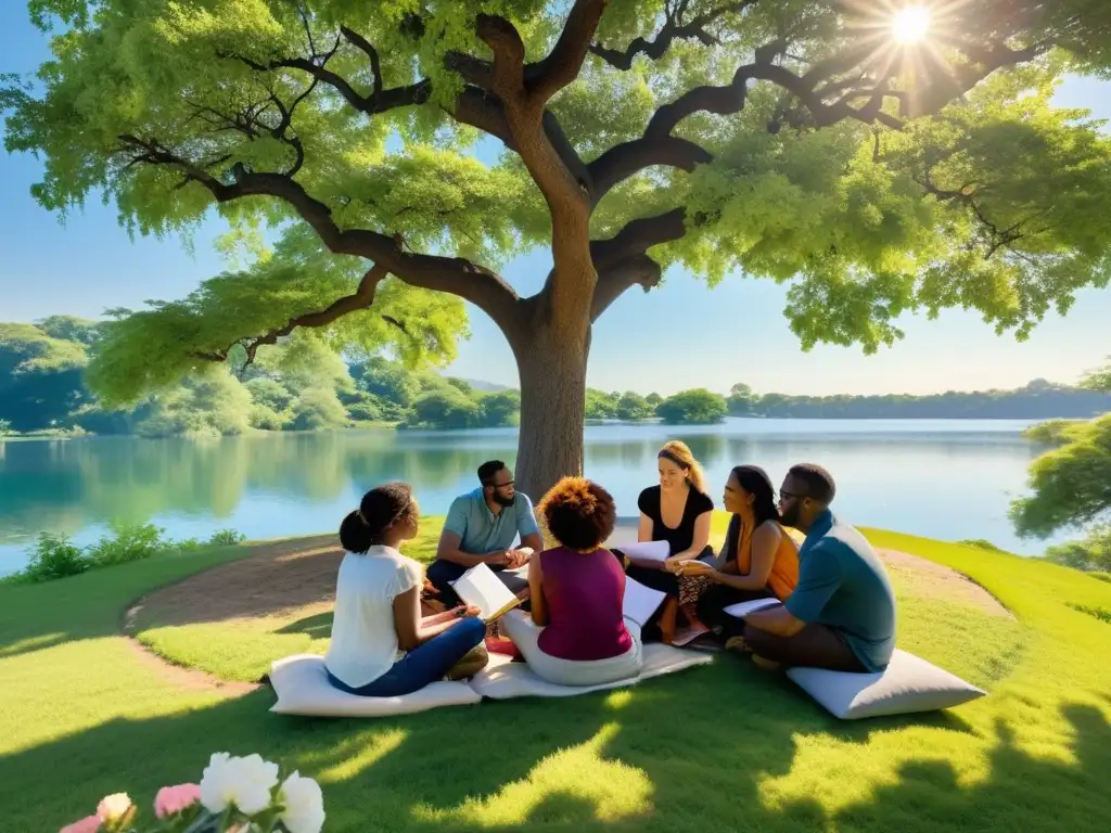 Círculo creativo de poetas bajo un árbol centenario Un grupo diverso de escritores comparte su pasión por la poesía bajo un árbol frondoso