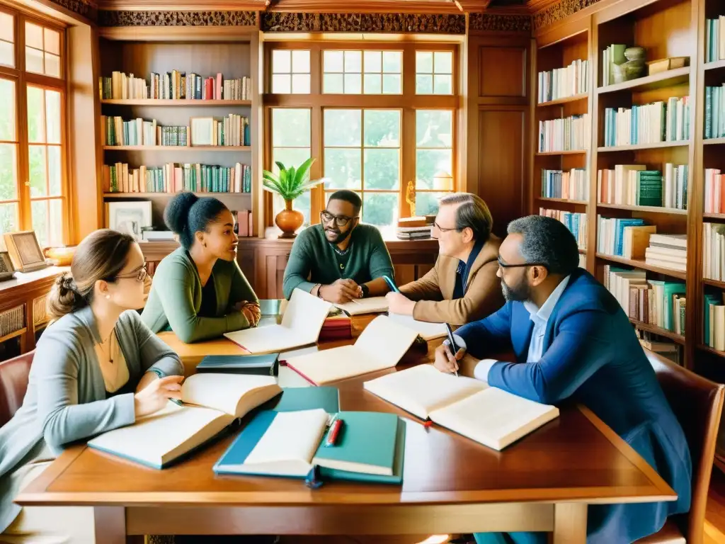 Un grupo diverso de escritores se reúne en una sala soleada, colaborando en revistas literarias de alcance internacional