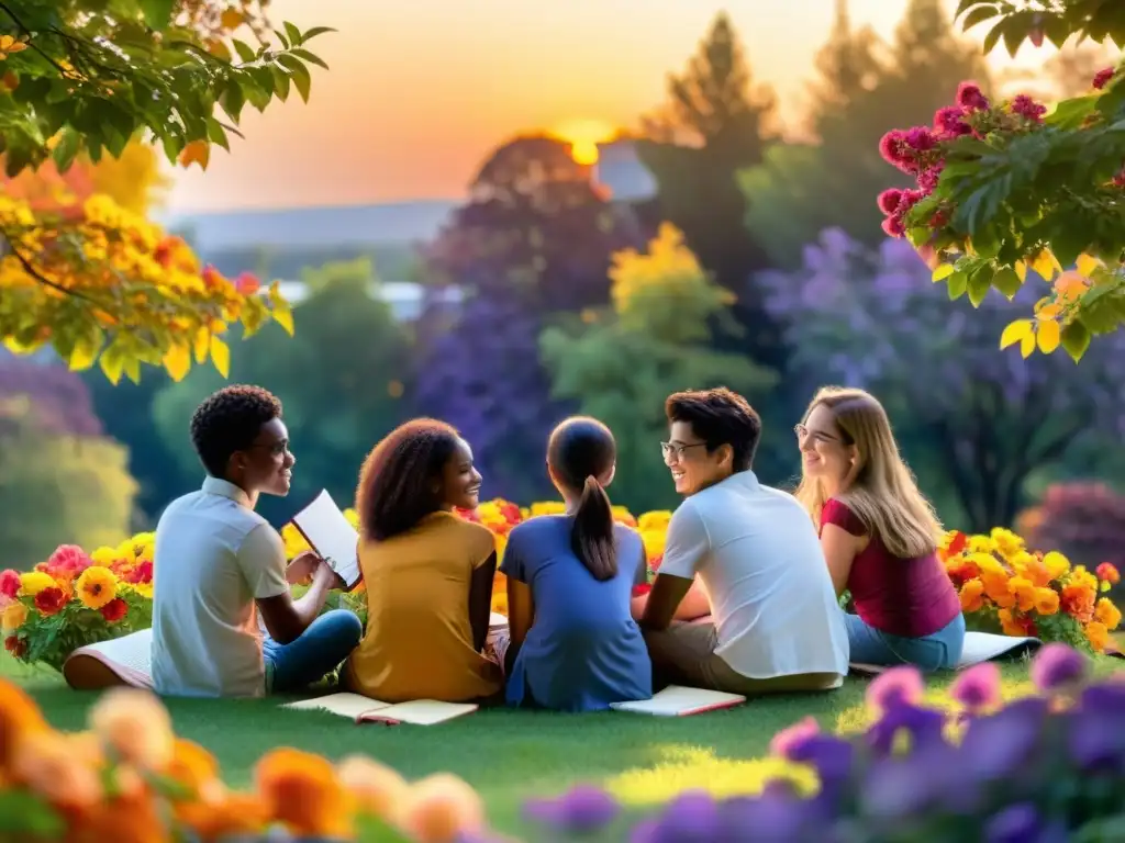 Un grupo diverso de estudiantes disfruta de un curso de poesía bilingüe multicultural al aire libre, rodeados de flores vibrantes al atardecer