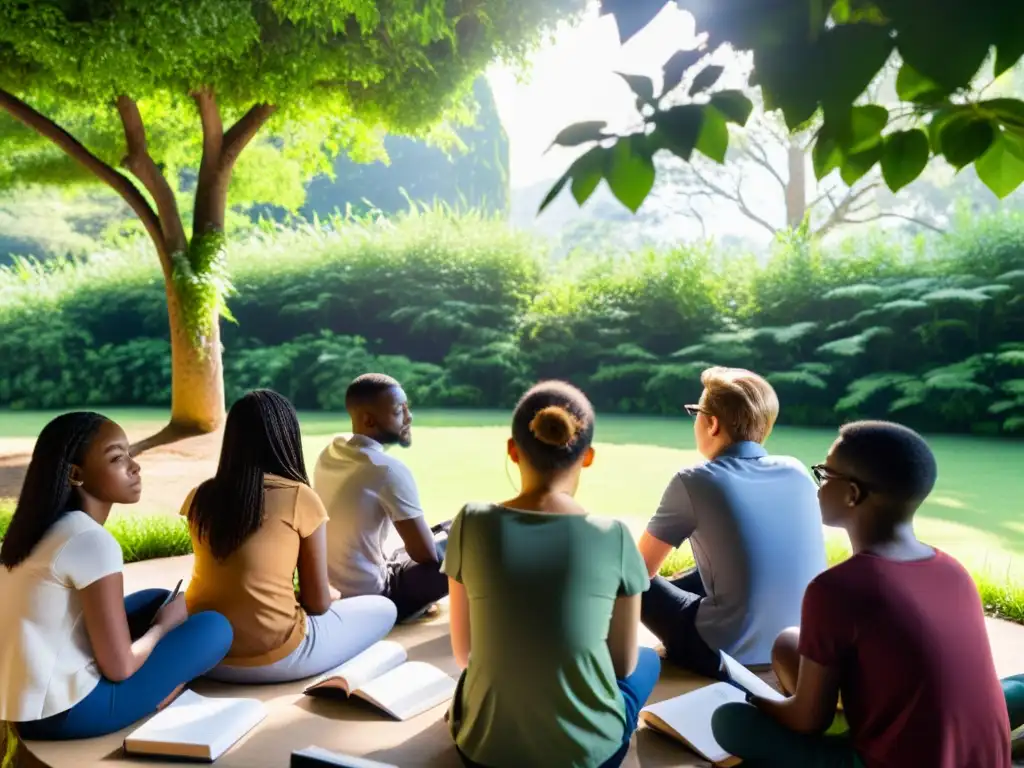 Grupo diverso de estudiantes escuchando atentamente a un maestro que lee un poema en un círculo al aire libre, rodeados de vegetación exuberante