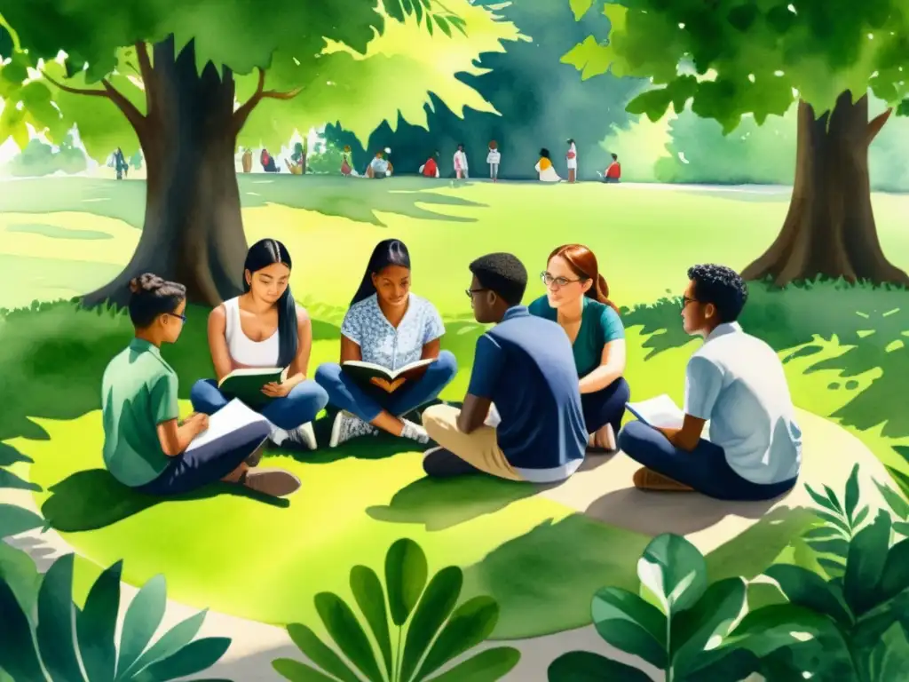 Grupo diverso de estudiantes escuchando un poema en un círculo al aire libre, rodeados de naturaleza