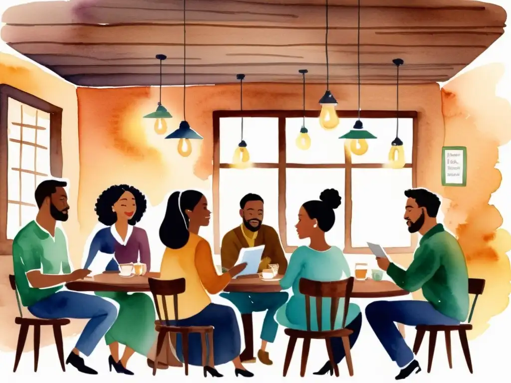 Encuentro poético en café: diversidad y emoción Un grupo diverso disfruta de un evento poético en un acogedor café, creando conexiones en un mundo digital