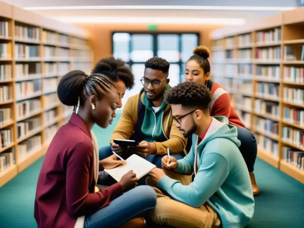 Un grupo diverso de jóvenes poetas de diferentes países se reúne en una biblioteca moderna y vibrante, compartiendo y discutiendo sus poemas