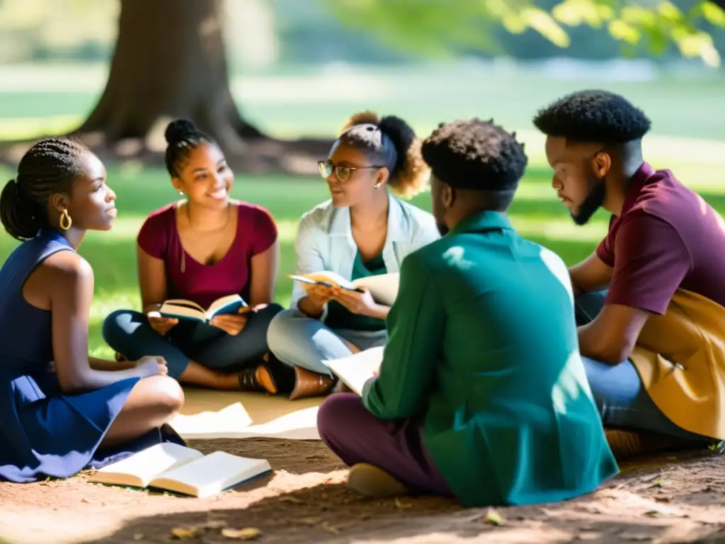 Grupo diverso de jóvenes poetas comparten y discuten sus obras en un círculo al aire libre, incentivando publicación obras estudiantiles poesía